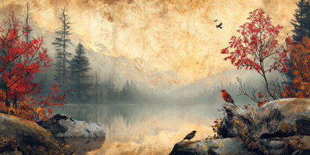 Autumn landscape with lake, forest and birds. Digital painting.の素材