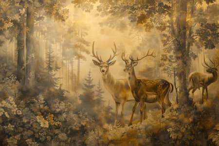 Autumn forest with fallow deer in mist. Digital painting.の素材