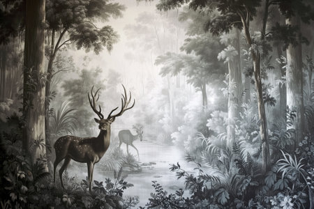 Digital painting of a deer in the forest with fog and mist.の素材