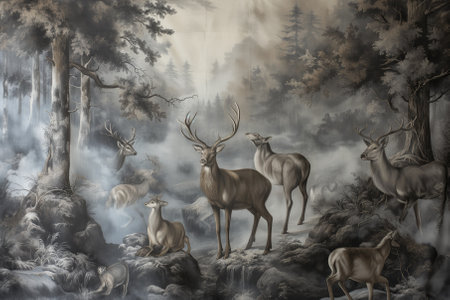 Digital painting of a herd of deer in a forest with fog.の素材