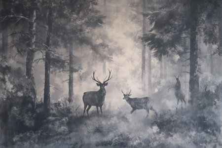 Foggy landscape with a group of deer in the forest.の素材