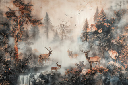 Deer in the forest with fog. 3D illustration. Vintage style.の素材