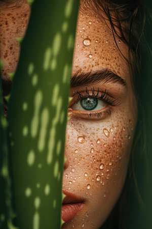 Closeup portrait of young beautiful woman with aloe vera leaf.の素材