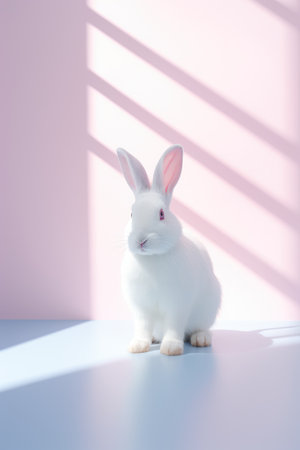 Cute white rabbit on pastel pink background. Easter concept.の素材