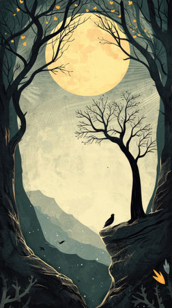 Halloween background with full moon and scary tree. Vector illustration.の素材