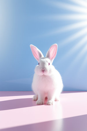 Cute white easter bunny on blue background with sun rays.の素材