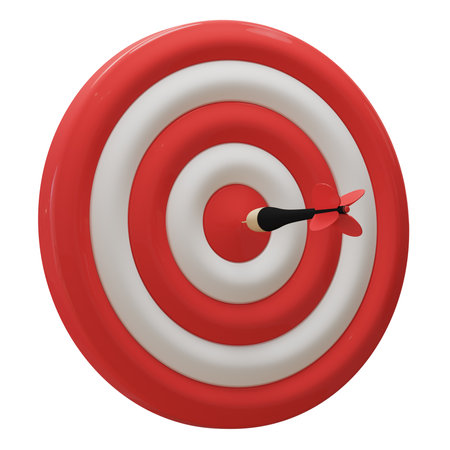 Dart hits bullseye on red and white targetの写真素材