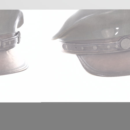 Green military-style leather cap with button details.の写真素材