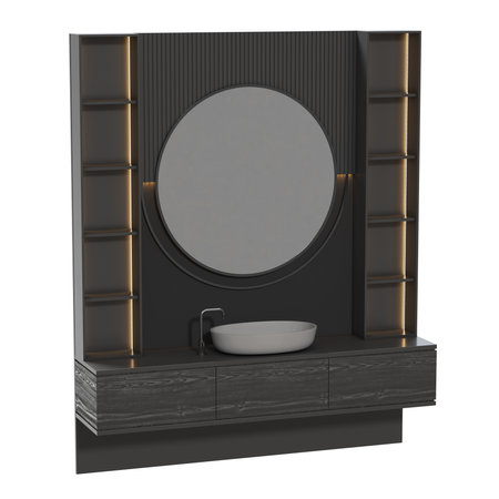 Modern bathroom vanity with circular mirrorの写真素材