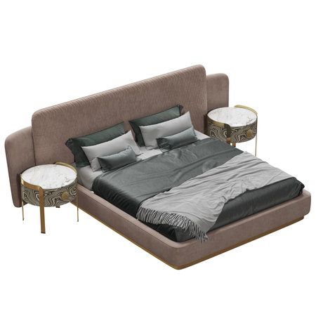 Elegant king-sized bed with stylish bedding.の写真素材