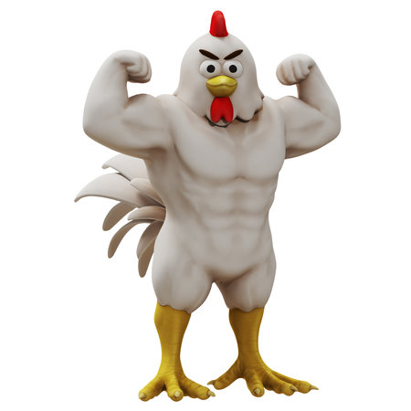 Muscular anthropomorphic chicken flexing its muscles.の写真素材