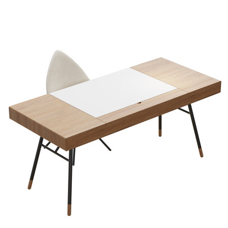 Minimalist wooden desk with white accents.の写真素材