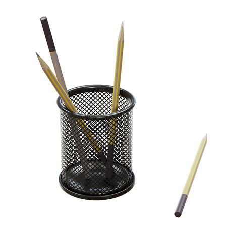 Pencils in a black mesh holder with one pencil aside.の写真素材