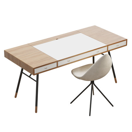 Modern wooden desk with white chair setupの写真素材