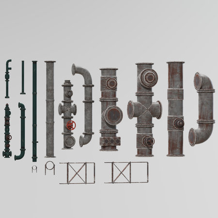 Industrial metal pipes and valves set.の写真素材