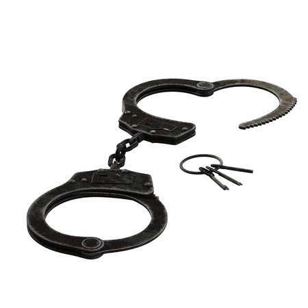 Close-up of metal handcuffs with keys on white background.の写真素材