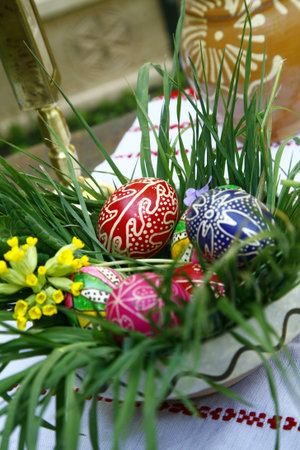 Romanian Traditional Painted Easter Eggs In Green Grass