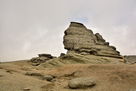 Rock in the Carpathian Mountains that resembles a human faceの写真素材