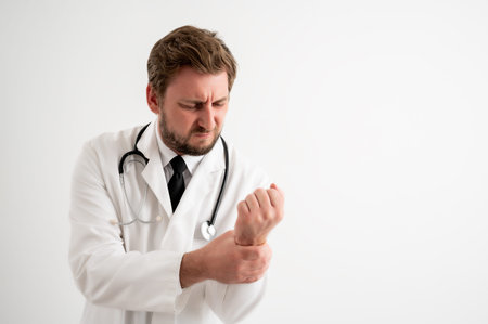 Portrait of male doctor with stethoscope in medical uniform has wrist pain posing on a white isolated backgroundの写真素材