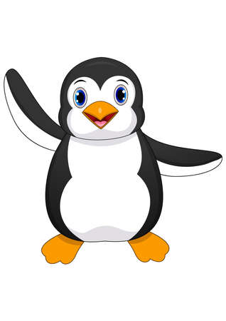 Illustration of cute baby penguin cartoon waving isolated on white backgroundのイラスト素材