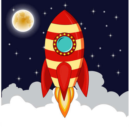Rocket goes up in the sky with moon stars,Planets and night sky with rocket goes up representing rise of businessのイラスト素材
