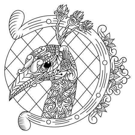 Hand drawn of peacock head in styleのイラスト素材