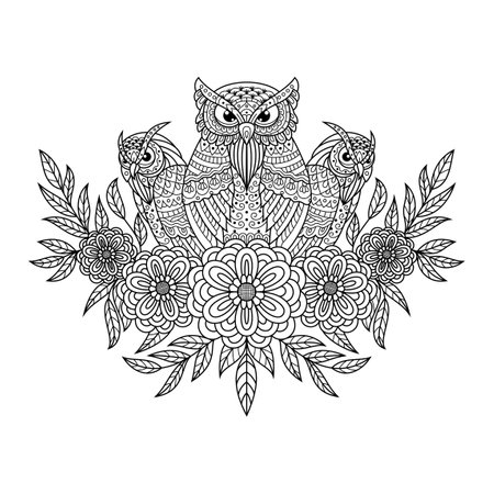 Hand drawn of owls in styleのイラスト素材