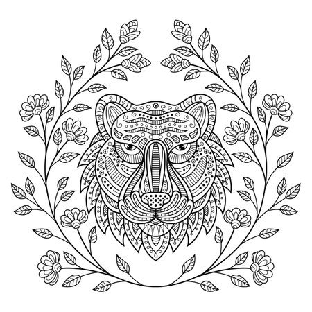 Hand drawn of tiger head with flower frame in styleのイラスト素材