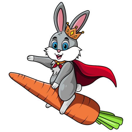 A cartoon rabbit wearing a crown and a cape riding a carrotのイラスト素材