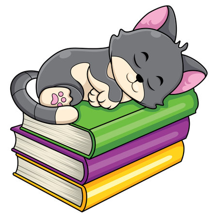 Cute cat cartoon sleeping on pile of booksのイラスト素材