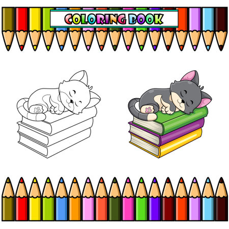 Cute cat cartoon sleeping on pile of books for coloring bookのイラスト素材