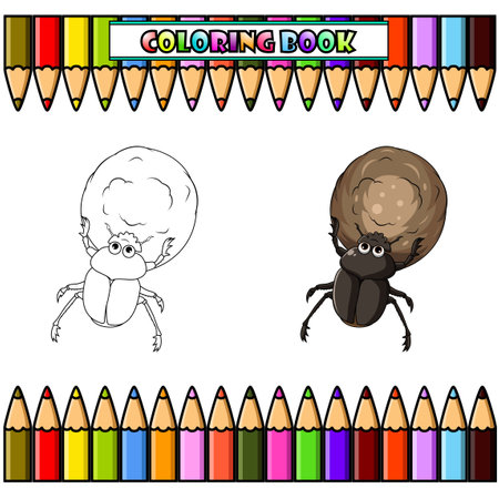 Dung beetle cartoon with a big ball of poop for coloring bookのイラスト素材