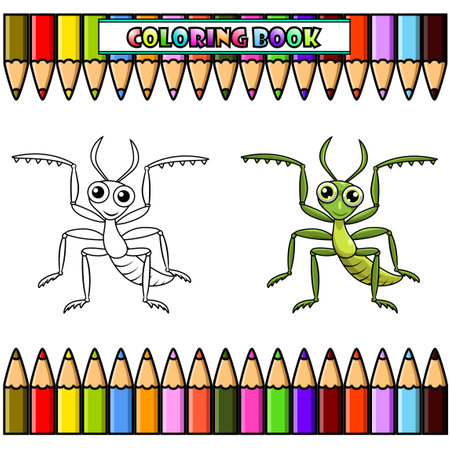 Green mantis cartoon posing for coloring bookのイラスト素材