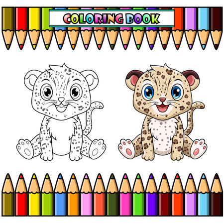 Cute baby Leopard cartoon sitting for coloring bookのイラスト素材
