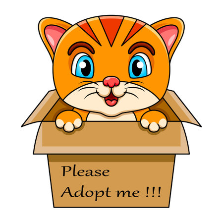 Cute cat cartoon in present gift box with text adopt me pleaseのイラスト素材