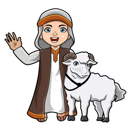 Cartoon muslim boy holding a goatのイラスト素材