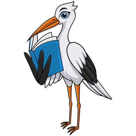 Cartoon white stork reading bookのイラスト素材