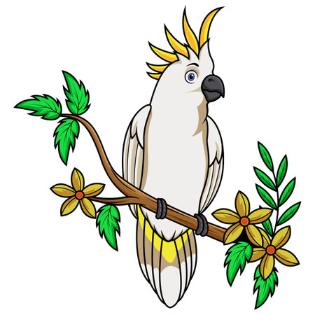 Cartoon cockatoo bird sitting on a tree branchのイラスト素材