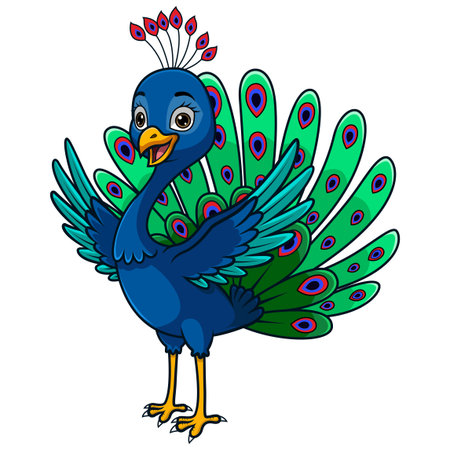 Happy Cartoon Peacock with Vibrant Feathersのイラスト素材