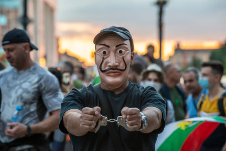 Sofia, Bulgaria - Jul 21 2020: A masked man with handcuffs participating in anti-government protests