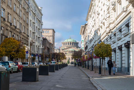 Sofia, Bulgaria - Nov 22 2020: Overview towards Sveta Nedelya church. Usually a crowded street Saborna is now almost empty because of the pandemic.のeditorial素材