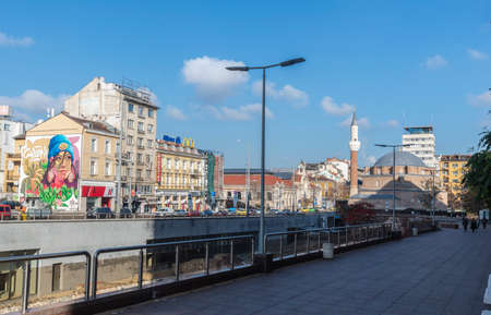 Sofia, Bulgaria - Nov 22 2020: Overview towards Banya Bashi mosque and Central Sofia Market Hall. Usually crowded with tourists the city center is almost empty because of the pandemic.のeditorial素材