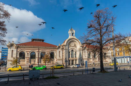Sofia, Bulgaria - Nov 22 2020: Overview towards nearly empty Maria Luiza street with Central Sofia Market Hall during a warm sunny day with birds flying over.のeditorial素材