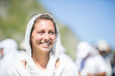 Rila Mountain, Bulgaria - August 19, 2019 : Follower of the Universal White Brotherhood,perform a dance-like ritual called "paneurhythmy"のeditorial素材