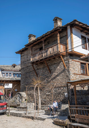 Kovachevitsa, Bulgaria - Feb 28 2021: Wooden wall of an authentic Bulgarian house from Rhodope mountains regionのeditorial素材