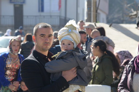 Ribnovo, Bulgaria - Apr 11 2021: Portrait of father and son preparing for circumvention ritual called syunetのeditorial素材