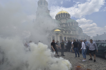 Sofia, Bulgaria - May 14 2021: Graduates gathering in front of the St. Alexandar Nevski Cathedral to...