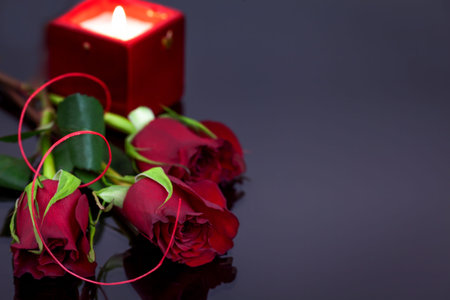 Red roses with  candle on dark background