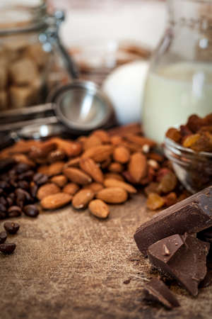 cake recipe ingredients on wooden backgroundの写真素材