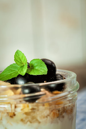 Granola with Fruit and Milk close upの写真素材